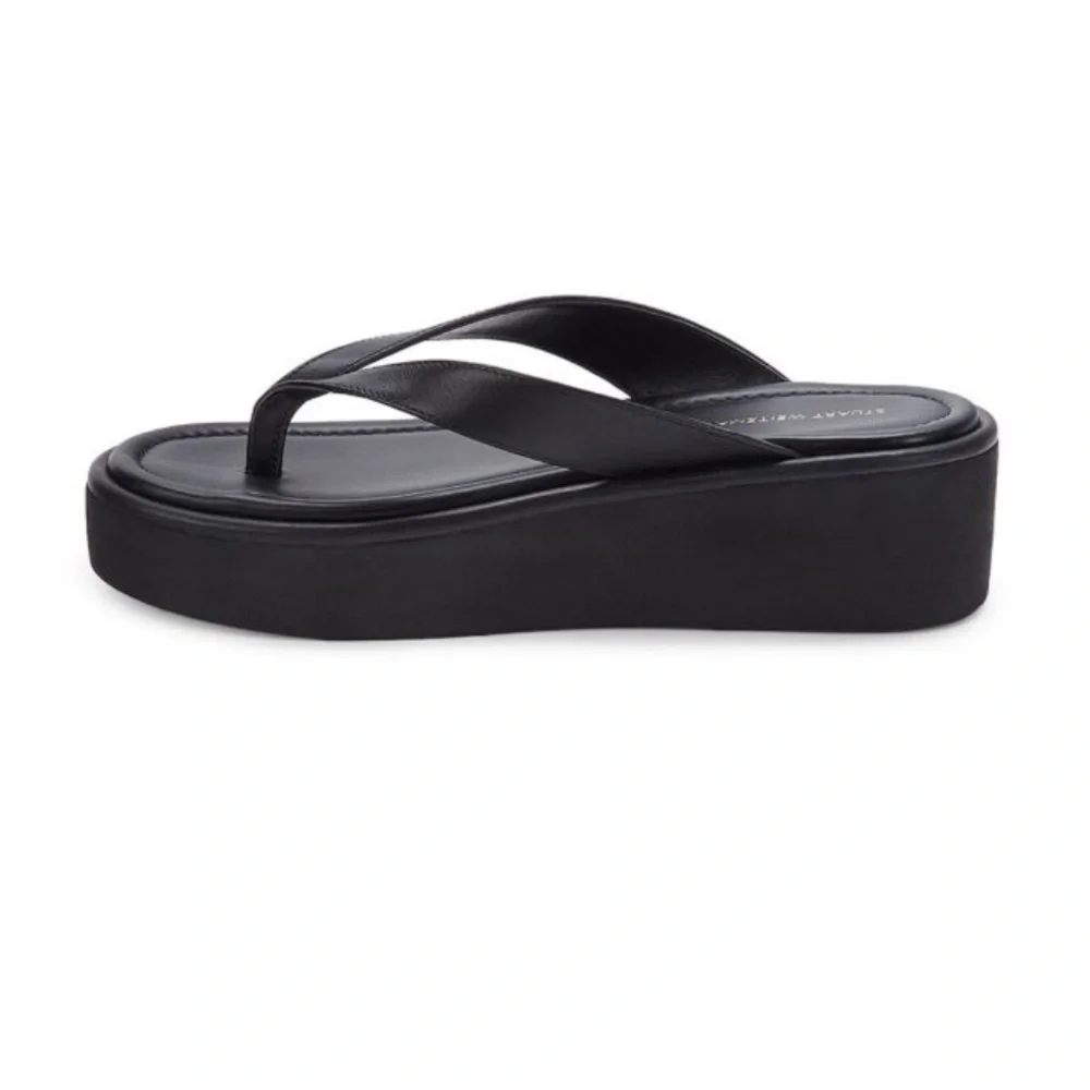 NEW Stuart Weitzman Contempo Thong Platform Flat Black Leather Sandal Sz 7 B - Picture 4 of 9